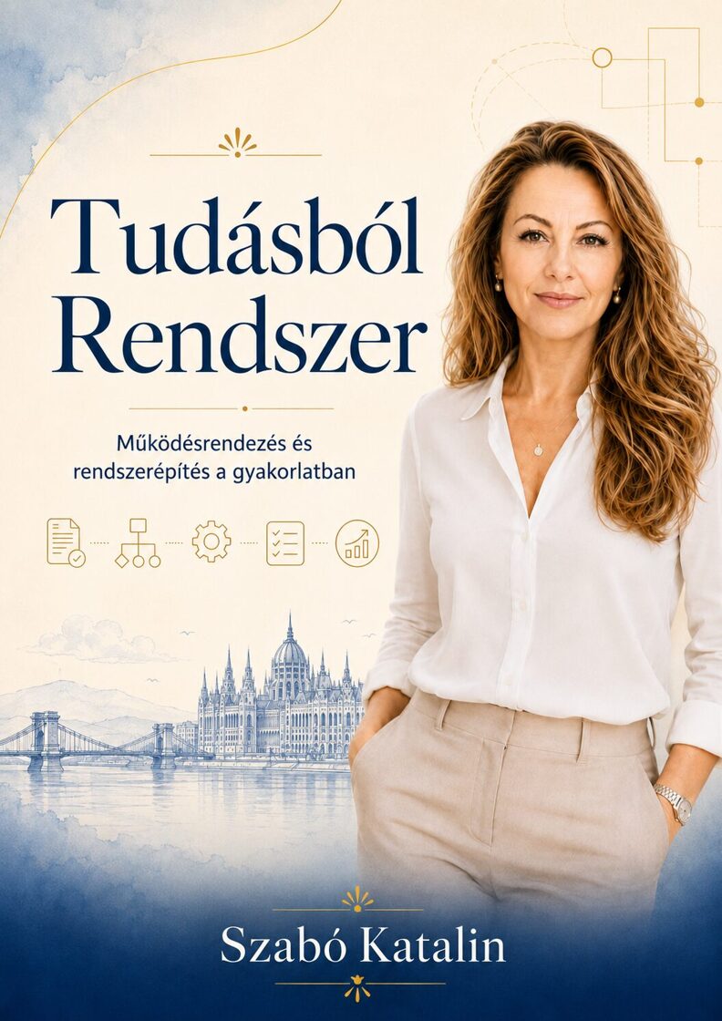 A Tudásból Rendszer című Szabó Katalin szakmai könyv borítója, világos kék–krém arculattal, női portréval és finom budapesti látképpel.